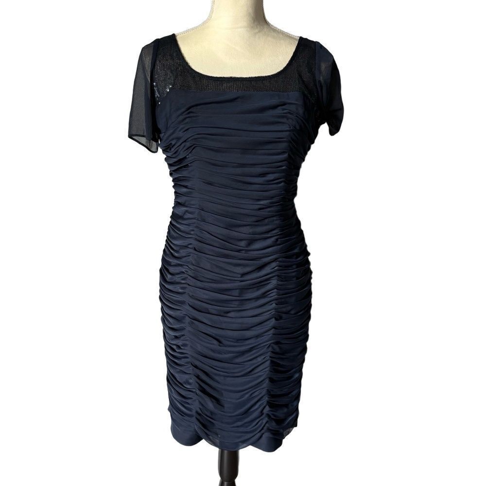 Victor Costa Dress Size 10 Navy Blue Ruched Sheer Neckline Short Sleeves Party
